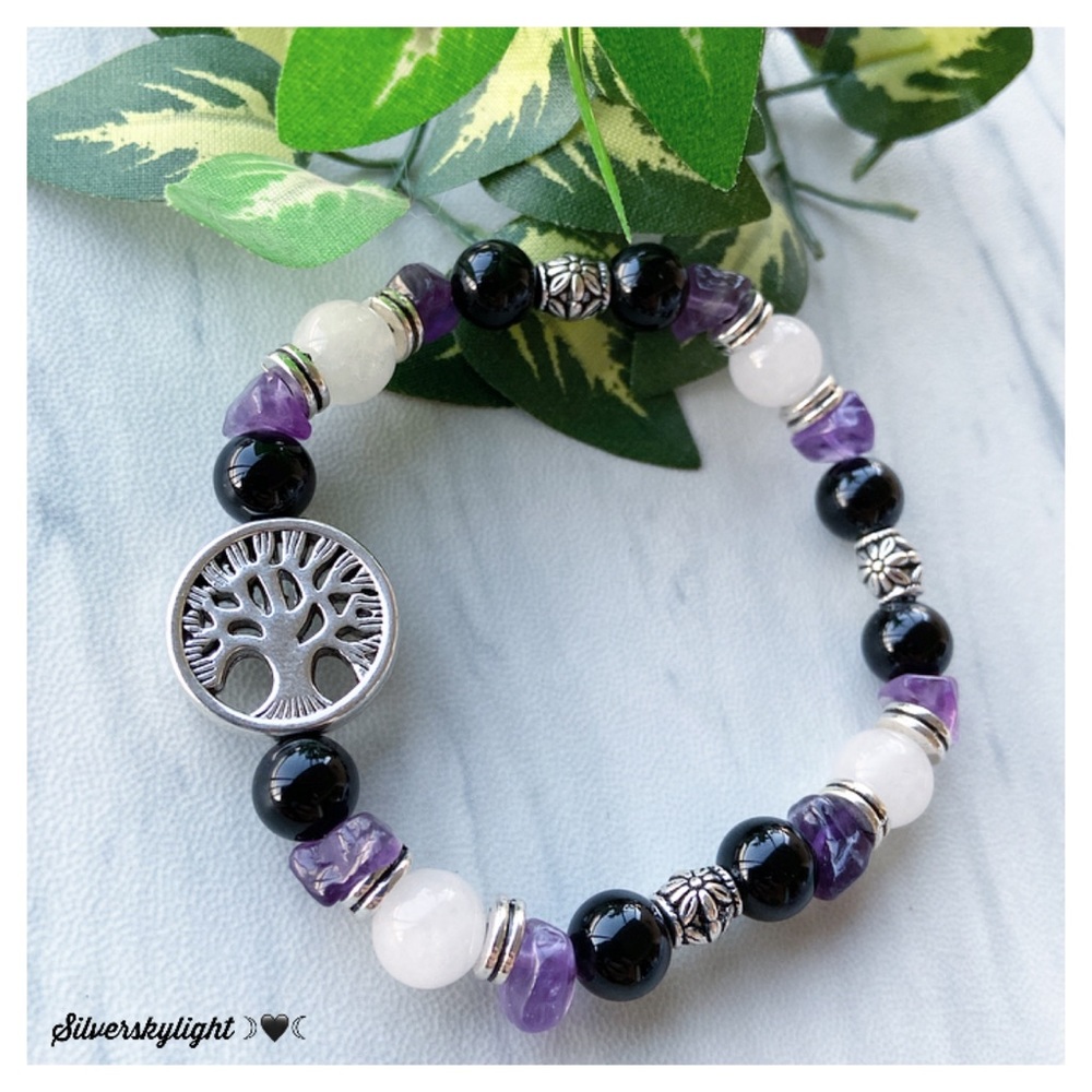 Amethyst white agate onyx tree of life bracelet